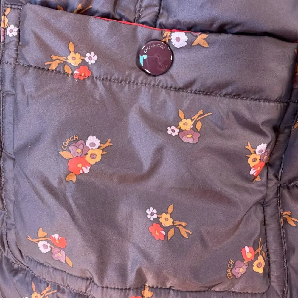 Coach Reversible Puffer Jacket Women S Stowaway Hood Red Brown Floral MSRP $500